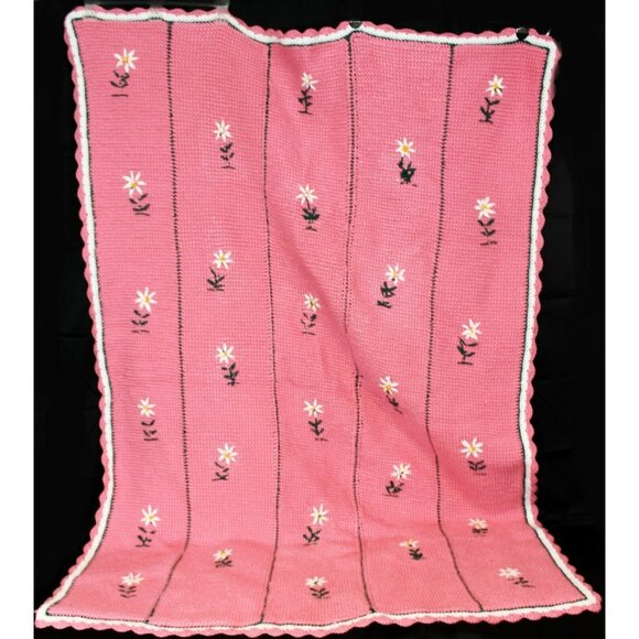 Hand Crochet Pink White Flower Pattern Green Blanket Throw Afghan Over Sized - Picture 8 of 12